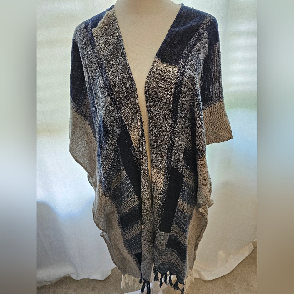 American Eagle Womens Blue Striped Boho Fringe Shawl One Size